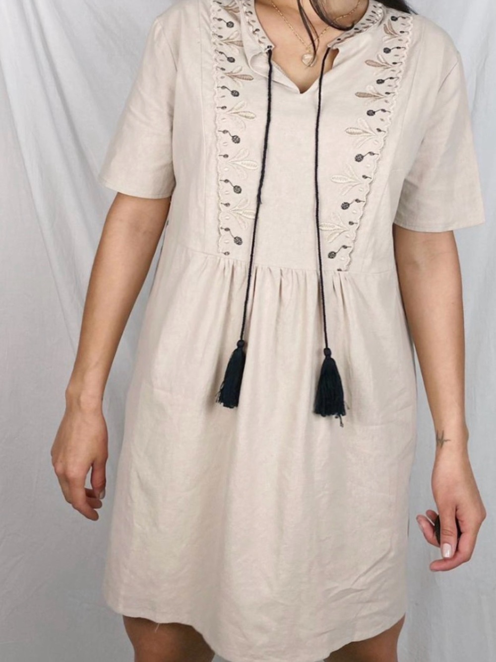 Cream Embroidered V-Neck Mini Dress with Tassel Detail